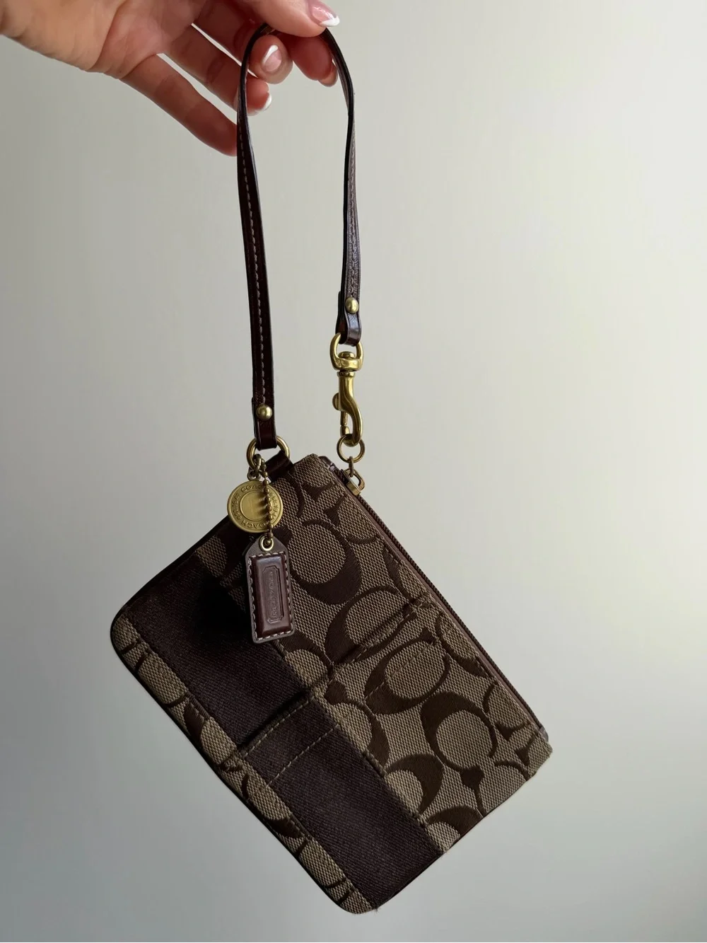 Coach Brown Signature Canvas Wristlet with Dark Brown Trim